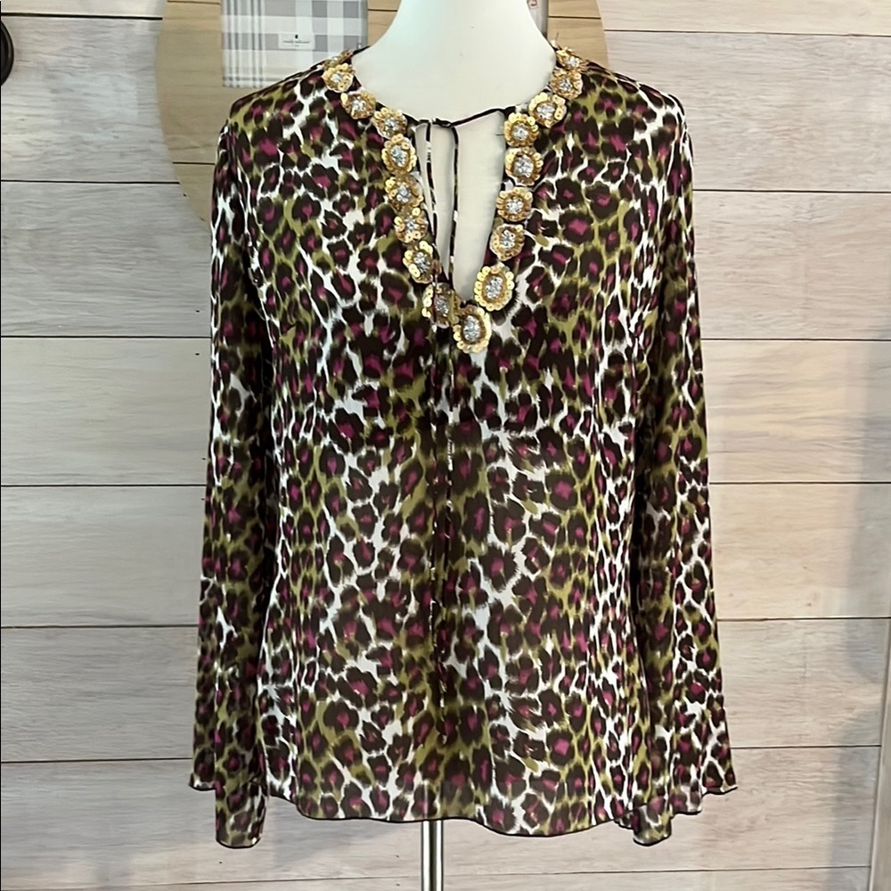Unique Spectrum Leopard Print Sheer Top with Embellished Neckline 1X.